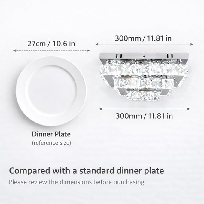 Dimmable Crystal LED Flush Mount Ceiling Light, 11.8"×9.1" Rectangular Close to Ceiling Chandelier, 24W K9 Crystal & Stainless Steel, Remote & App Control, 2700–6500K CCT for Bedroom Living Room