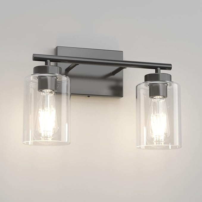 Aipsun 2 Light Matte Black Vanity Light Vintage Wall Sconces Lighting, Industrial Wall Light Fixture for Bathroom Kitchen Bedroom Living Room(Exclude Bulb)