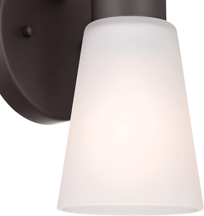 Kichler Stamos Wall Sconce 1-Light with Satin Etched Glass, Modern Bathroom or Hallway Light in Olde Bronze®, (8" H x 5" W x 6" D)