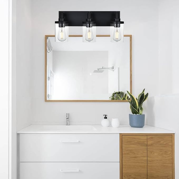 Modern Vanity Lighting,3 Light Matte Black Bathroom Light, Vintage Wall Sconces Lighting with Clear Class Shade Industrial Bath Wall Mounted Lights for Mirror, Living Room, Bedroom Hallway
