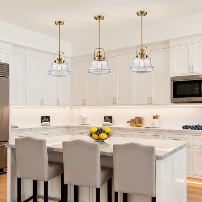 DEYNITE Modern Gold Kitchen Pendant Light Seeded Glass Shade-Rod Hanging Nautical Schoolhouse Dimmable Light for Dining Room Bathroom Hallway