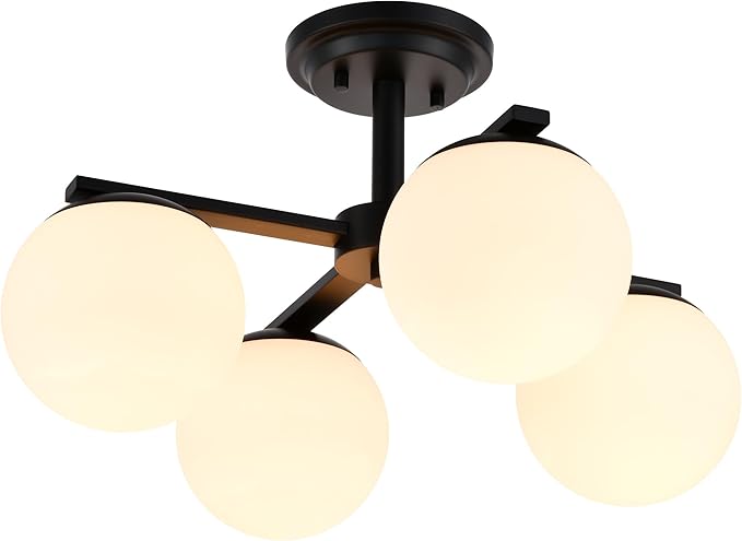 Matte Black Semi Flush Mount Ceiling Light, 4-Ligh Modern Kitchen Lighting Fixtures with Globe Glass Shade, Hallway Light Fixtures Ceiling Mount for Dining Room, Living Room, Bedroom, Foyer