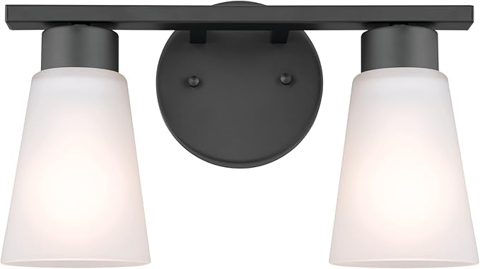 Kichler Stamos 2-Light Bathroom Vanity Light Fixture with Satin Etched Glass Shades, Modern Wall Light in Black for over Mirror Lighting Installation, 13 in x 8 in x 5 in, 55120BK