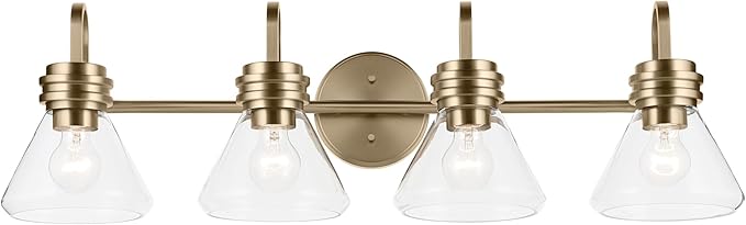 Kichler Farum 34" 4-Light Bathroom Vanity Light Fixture with Clear Glass in Champagne Bronze for Single or Double Vanity, Modern Lighting Fixture (34" x 9.5" x 9.5"), 55156CPZCLR