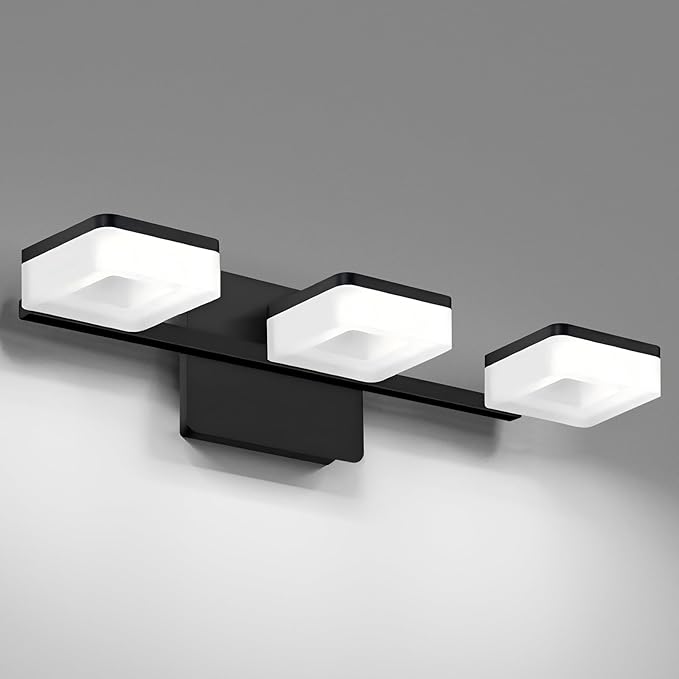 Black LED Bathroom Vanity Light, Modern Wall Lighting Fixtures, 3-Light Bathroom Lighting Fixtures Over Mirror, 360° Rotate Acrylic Matte Black Vanity Lights for Bathrooms