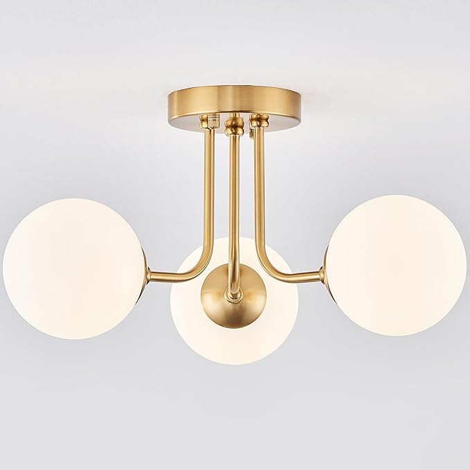Modern Semi Flush Mount Ceiling Light,Globe Milk Glass Shade Brushed Brass Finish Ceiling Light 3-Light with Ceramic Base,Sputnik Chandeliers for Bedroom Hallway Dining Room Lighting Fixture