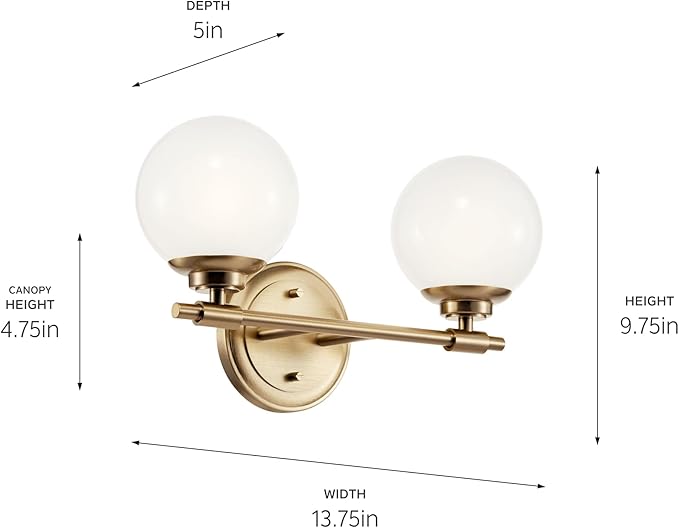 Kichler Benno 2-Light Bathroom Vanity Light Fixture, Modern Wall Mount Light with Opal Glass in Champagne Bronze for Bathroom or Powder Room (9.75" x 14.75"), 55171CPZ