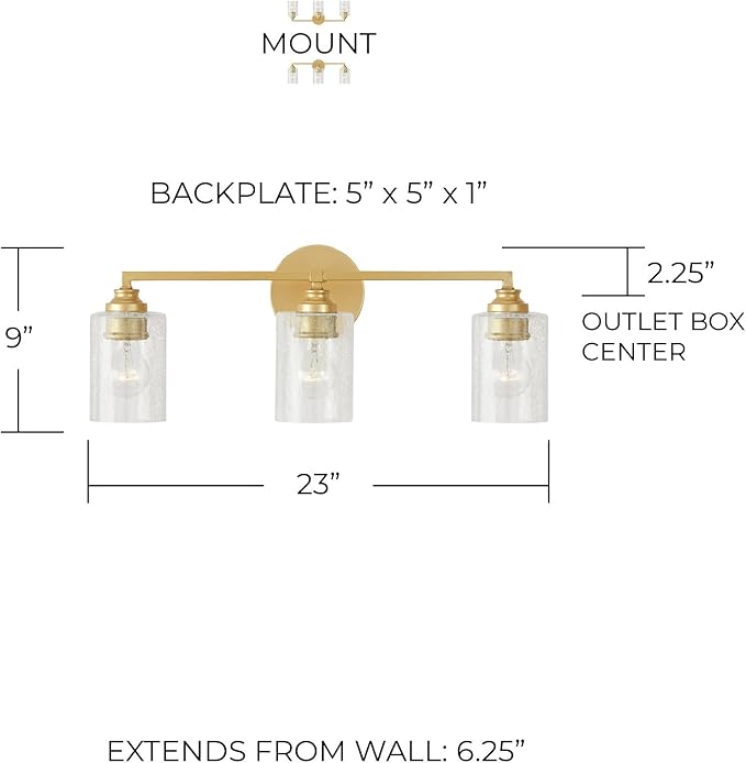 Capital Lighting 120531CG-422 Milan Iced Glass Bath Vanity Wall Mount, 3-Light 300 Total Watts, 9" H x 23" W, Capital Gold