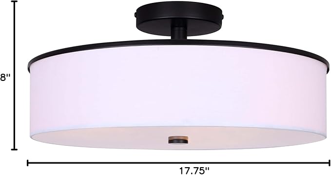 Canarm Tristan Semi-Flush Mount Ceiling Light, 18-Inch Matte Black with White Fabric Shade and Glass Diffuser, Uses 60W Bulbs, Transitonal Lighting for Bedroom or Entryway