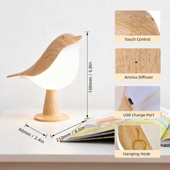 IFTHFOUR Bird Cordless Table Lamp, Small Cordless Bedside Lamp with 3 Color Temperature, Touch Sensor & Rechargeable Battery - Night Light for Kids, Bedroom, Bedside (Light+Light)
