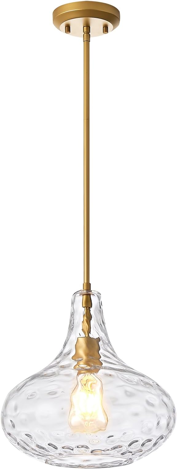 CATINER 11" Clear Glass Pendant Light – Large Hand-Blown Glass Shade with Hammered Texture and Gold Finish, Adjustable Ceiling Hanging Light for Kitchen Island, Dining Room, Hallway, Living Room