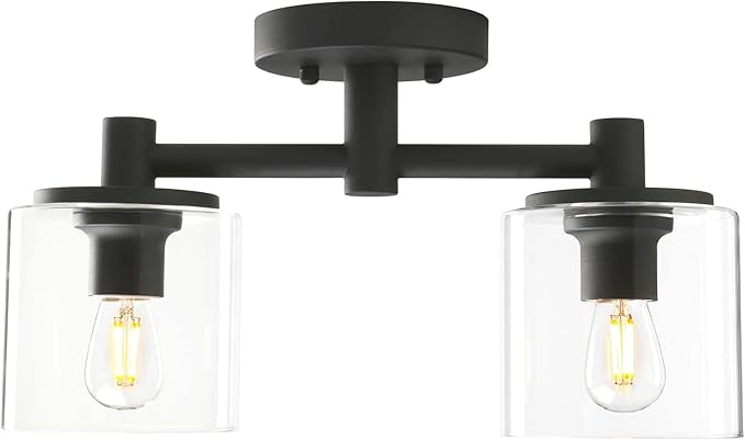 Pathson 2-Light Semi Flush Mount Ceiling Light, Industrial Pendant Lighting Fixture with Glass Shade, Ceiling Chandelier Lamp for Hallway Loft Kitchen Bar