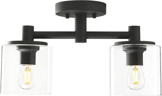 Pathson 2-Light Semi Flush Mount Ceiling Light, Industrial Pendant Lighting Fixture with Glass Shade, Ceiling Chandelier Lamp for Hallway Loft Kitchen Bar