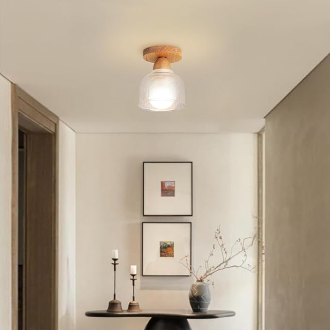 Schoolhouse Light Fixture Wood Ceiling Lamp, Semi Flush Mount Ceiling Light, 12'' Base, Balcony Solid Wood Hanging Light Farmhouse Bedroom Kitchen Hallway Glass Close to Ceiling Lights (A)