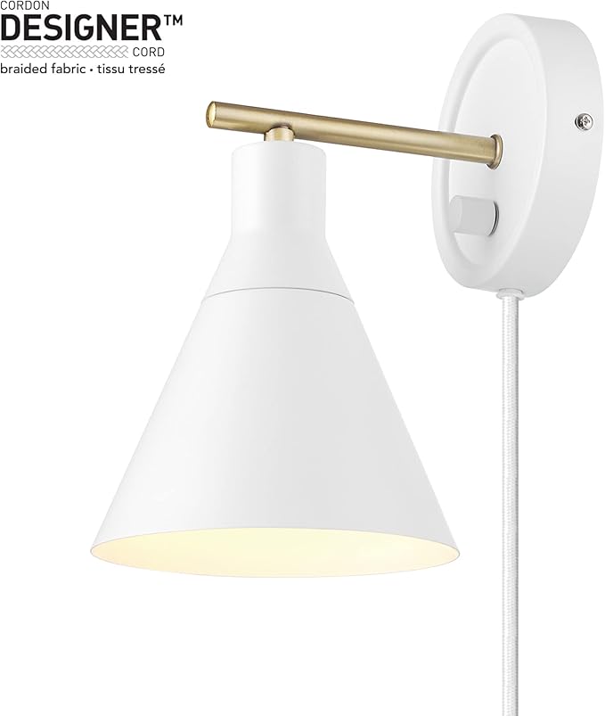 Globe Electric 65542 1-Light Plug-in or Hardwire Wall Sconce, Matte White, Brass Accent, Stepless Dimming Rotary Switch, Fabric Cord, Modern Lighting for Apartment or Renters, Home Decor