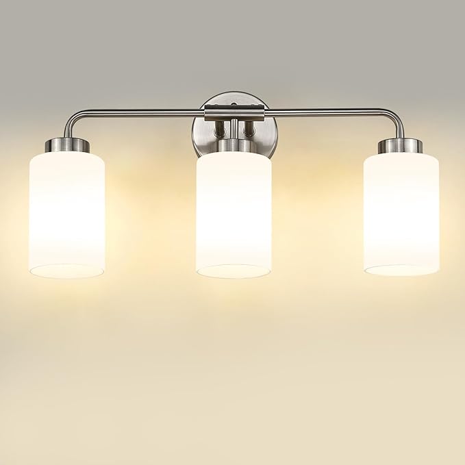 zeyu 21.6 Inch Bathroom Lights Fixtures Over Mirror, Modern Bathroom Wall Light with Milky White Glass Shade, Brushed Nickel Finish, ZS62B-3W BN