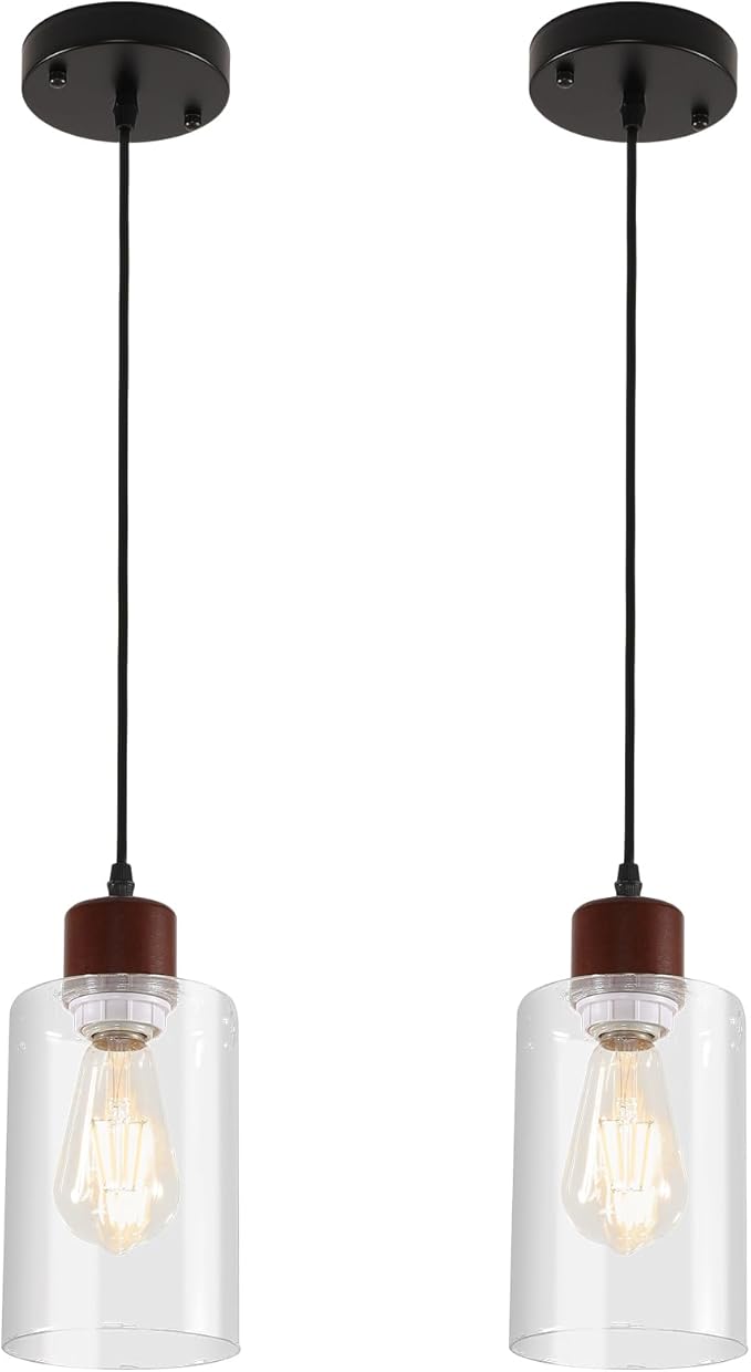 Modern Wood Pendant Lighting for Kitchen Island, Farmhouse Pendant Light Fixtures 2 Pack, Adjustable Hanging Ceiling Light with Clear Glass Shade
