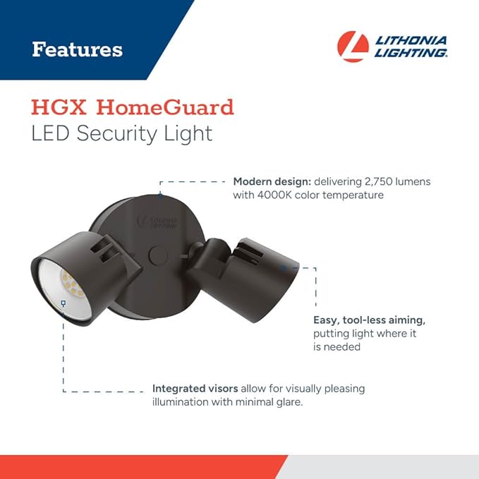 Lithonia Lighting HomeGuard 2-Light LED Outdoor Flood Lights, Wall or Ceiling Mount Outdoor Lights, 4000K Cool White, Round Heads, Dark Bronze, 2-Pack (HGX LED 2RH 40K 120 DDB CP2 M2)
