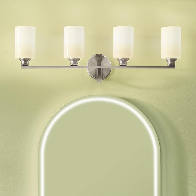 Kichler Gioe 32.25 in 4-Light Bathroom Vanity Light Fixture with Opal Glass in Brushed Nickel, Modern Wall Mount Over Mirror for Powder Room, Damp Rated (32.25 in W x 10.5 in H), 55227NI