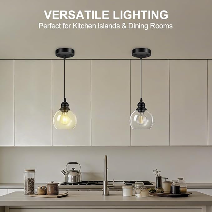 Pendant Lights Kitchen Island, Black Pendant Light with Glass Lampshade, 71 Inch Adjustable Hanging Lamp for Kitchen Living Room, Modern Farmhouse Industrial Ceiling Lighting Fixture(E26 Base,No Bulb)