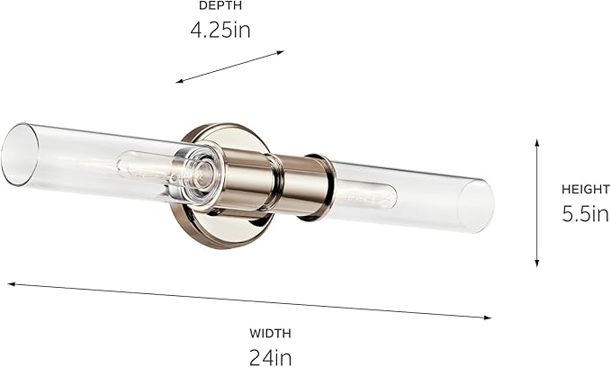 Kichler Aviv 2-Light Wall Sconce, Modern Light with Clear Glass in Polished Nickel, for Bedroom, Laundry Room, Kitchen or Hallway (24" x 5.5"), 52654PN