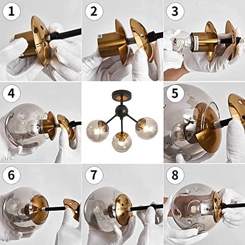 SZXYKEJI 3-Light Chandelier ，Vintage Semi Flush Mount Ceiling Light Fixture with Glass Globe， Black Ceiling Light for Hallway Stairway Porch Entryway Kitchen Bedroom Laundry Farmhouse..