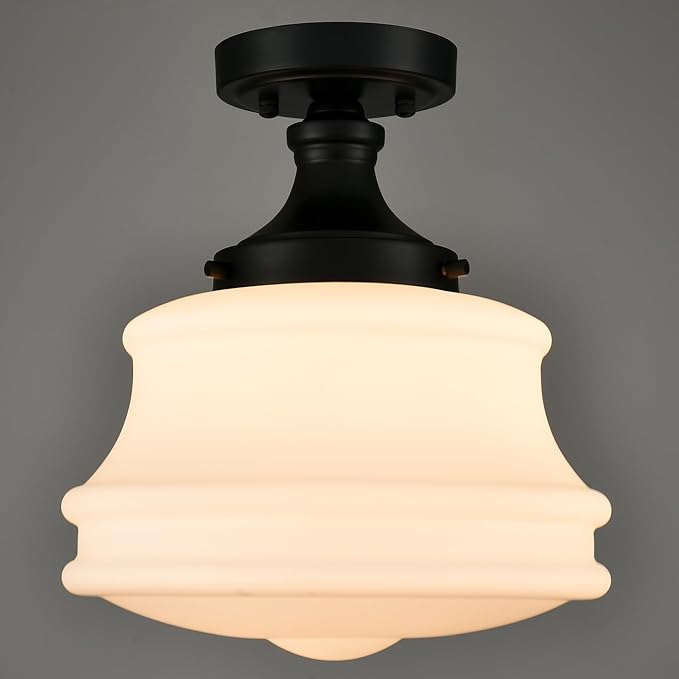 Black Schoolhouse Ceiling Light Milk Glass Semi Flush Mount Ceiling Light 11-Inch Modern Matte Black Schoolhouse Light Fixtures for Hallway Bedroom Bathroom Kitchen Foyer
