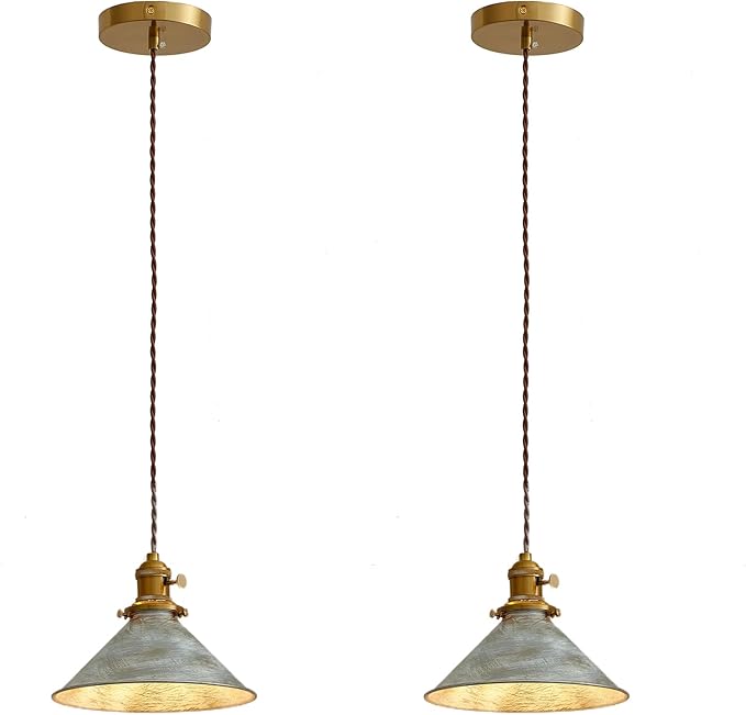 Rustic Pendant Light 2 Pack with Vintage Silver Metal Lampshade, Kitchen Island Pendant Light 6.5Ft Adjustable Hanging Lamp for Kitchen Island Dining Room Hallway