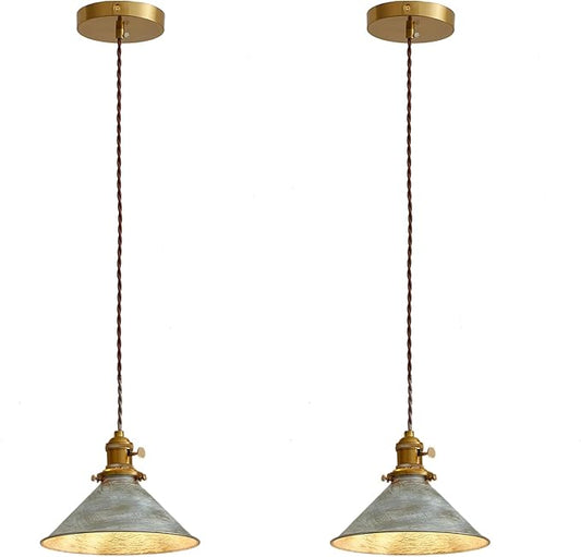 Rustic Pendant Light 2 Pack with Vintage Silver Metal Lampshade, Kitchen Island Pendant Light 6.5Ft Adjustable Hanging Lamp for Kitchen Island Dining Room Hallway