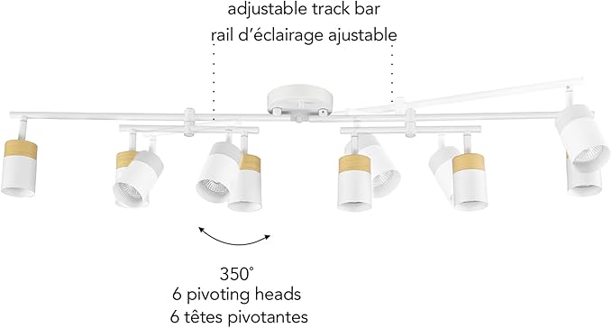 Globe Electric 64000055 42" 6-Light Track Lighting, Double Center Swivel Bar, Matte White, Wood Toned Accents, Ceiling Light, Pivot Shades, 6 Bulb, Kitchen Lights, GU10 Sockets