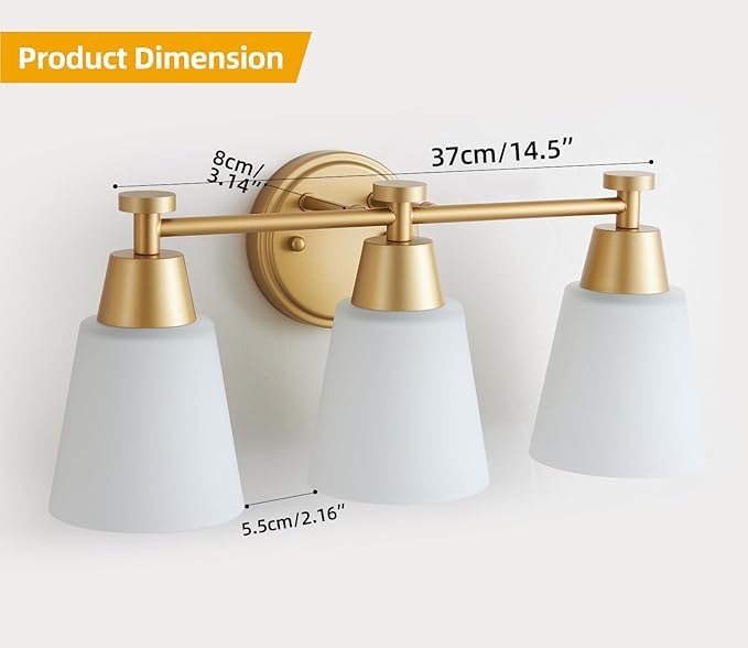 Milk Glass Bathroom Vanity Light Over Mirror, 3 Light Brushed Gold Stainless Steel Wall Mount Modern Vanity Light Fixture with Frosted Glass for Bathroom