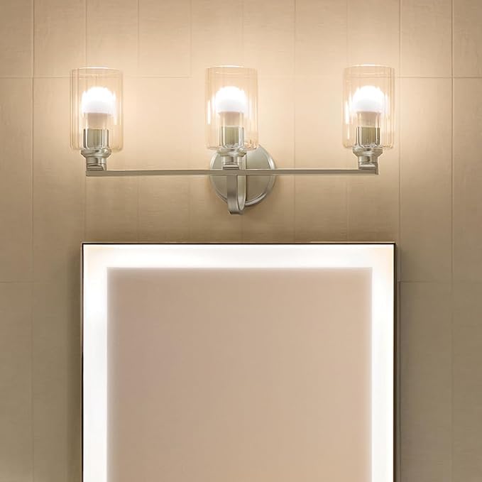 Kichler Gioe 24.25 in 3-Light Bathroom Vanity Light Fixture with Clear Fluted Glass in Brushed Nickel, Modern Wall Mount Over Mirror for Powder Room, Damp Rated (24.25 in W x 10.5 in H), 55226NIFLU