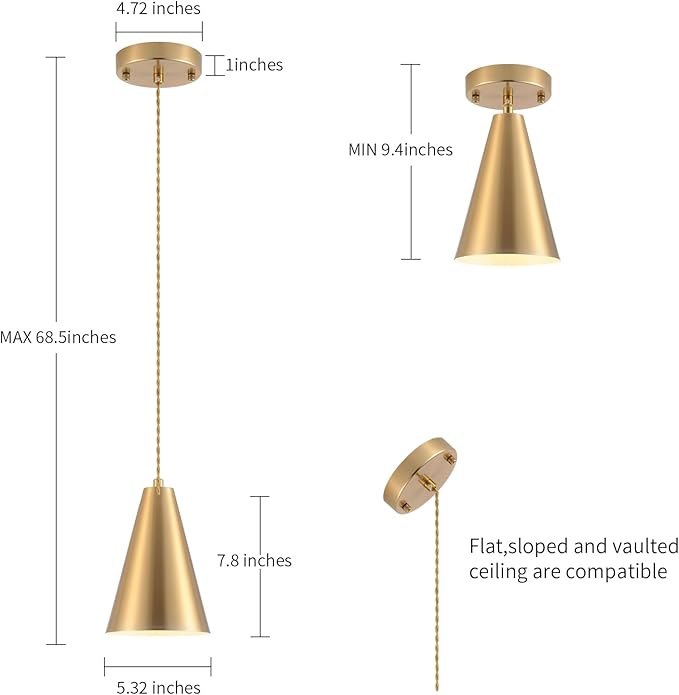 Dijiahua Gold Battery Operated Pendant Lights Kitchen Island 3 Pack with Remote Control,Wireless Rechargeable 12 Color Temperatures Lamp Fixtures with Brass Metal Shade, Modern Hanging Lighting