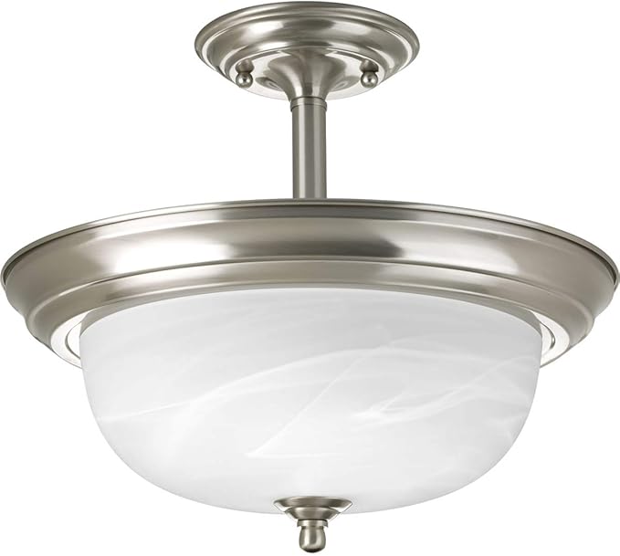 Progress Lighting 2-Light Ceiling Light, Semi-Flush Mount or Hanging Ceiling Light Fixture for Interior Kitchen Lights or Hallway, 13-3/16" by 11-5/16", Brushed Nickel, Alabaster Glass Shade