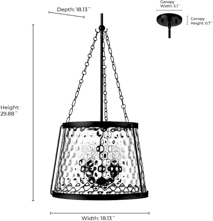 ML Lighting | Adabella Collection | 20405-MB | 5 Light Pendant in Matte Black Finish with Clear Hammered Glass Shade | Perfect for Kitchens, Dining Rooms, Living Rooms, Entryways, Hallways