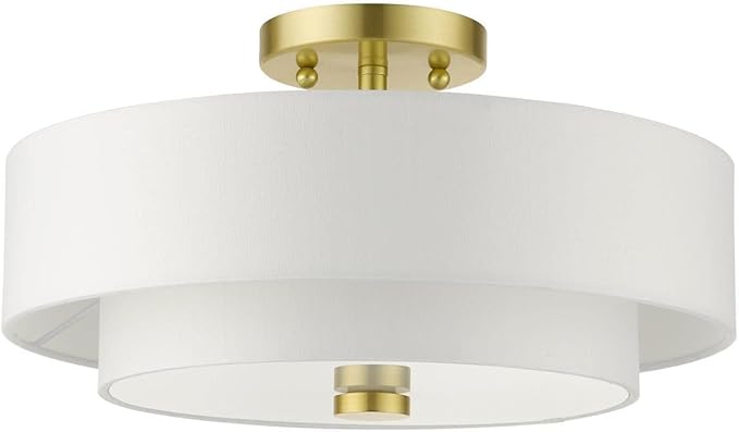 Livex Lighting 51044-12 Meridian Collection 3-Light Semi Flush Mount Ceiling Light with Off-White Hardback Fabric Shade, Satin Brass 15 x 15 x 8.25