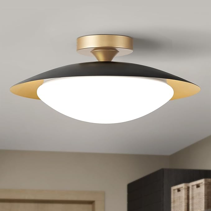 Dimmable Modern Semi Flush Mount Ceiling Light Fixture,Small Black and Gold LED Glass Shade Kitchen Ceiling Lights,5CCT In One Light Fxiture for Hallway Entryway Bedroom Laundry Room Foyer(15.75in)