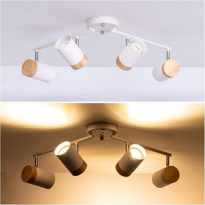TeHenoo 32-Inch Modern Track Lighting Fixture,Natural Wood Ceiling Light with 4 Adjustable Heads, Flexible Arms for Kitchen, Bedroom, Living Room