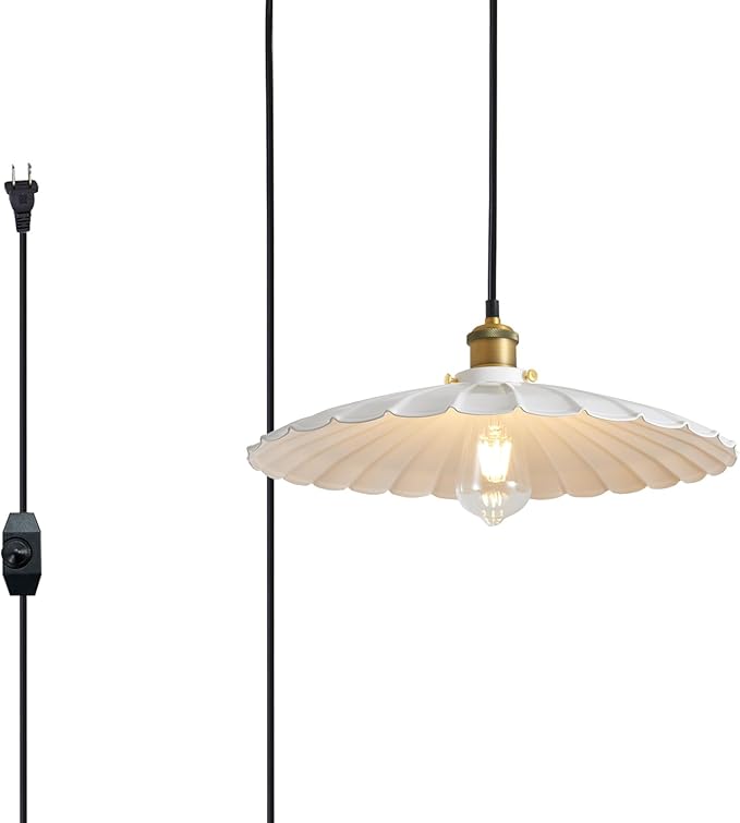 Plug in Pendant Light 13.8 Inch Round Metal Shade Vintage White Pendant Light for Kitchen Island 14Ft Adjustable Dome Industrial Hanging Lamp Living Room