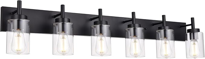 VINLUZ 6-Light Bathroom Vanity Light Fixture Black Modern Wall Lighting with Clear Glass Shade Industrial Sconces Wall Mounted Lamp for Kitchen Dining Room (Patent No.: US D958,438 S)