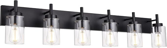 VINLUZ 6-Light Bathroom Vanity Light Fixture Black Modern Wall Lighting with Clear Glass Shade Industrial Sconces Wall Mounted Lamp for Kitchen Dining Room (Patent No.: US D958,438 S)