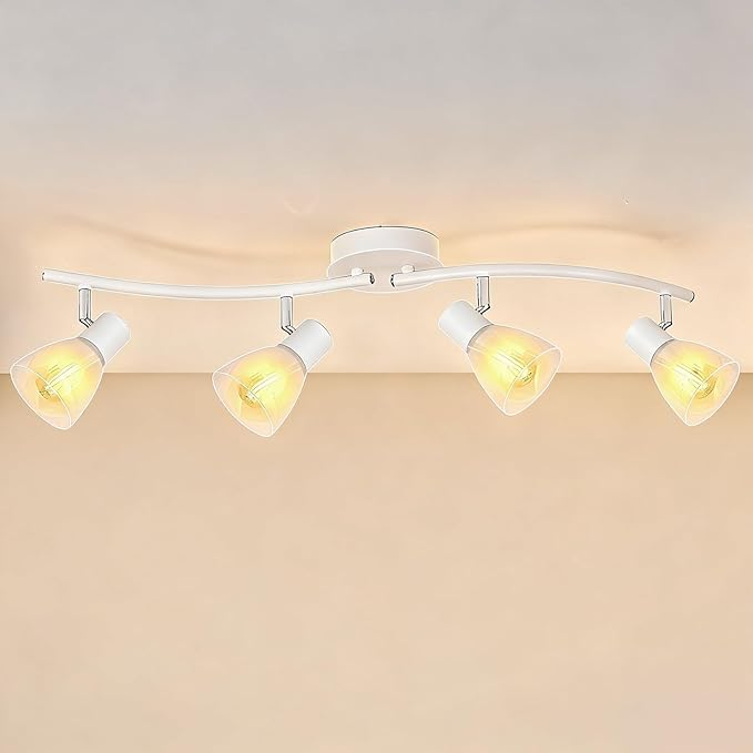 HiBay 4-Light Track Lighting, Modern White Glass Ceiling Light Fixture, Adjustable Flush Mount Track Spotlight for Bathroom, Kitchen, Dining Room, E12 Base, No Bulbs