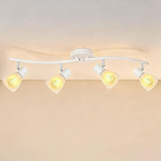 HiBay 4-Light Track Lighting, Modern White Glass Ceiling Light Fixture, Adjustable Flush Mount Track Spotlight for Bathroom, Kitchen, Dining Room, E12 Base, No Bulbs