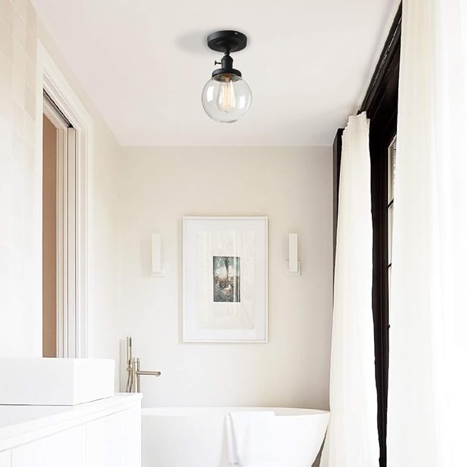 PERMO Modern Semi Flush Mount Ceiling Light with Globe Clear Glass Shade 1 Light Industrial Light Fixtures for Hallway, Bathroom, Farmhouse, Entryway(Black)