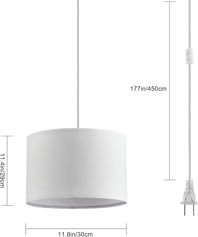 2 Pack Plug in Pendant Light, Hanging Light with 15Ft Clear Cord, On/Off Switch, White Fabric Lamp Shade, Hanging Light Fixture for Bedroom, Kitchen,