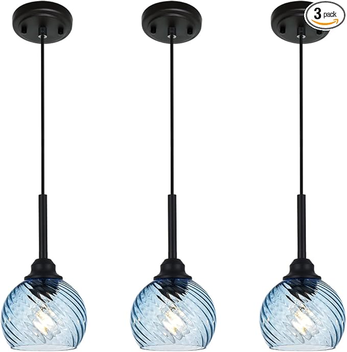 3 Pack Dining Room Light Fixture with Blue Striped Swirl Globe Glass, Stylish Kitchen Island Hanging Pendant Light Black for Bar Hallway Bedroom, 1-Light