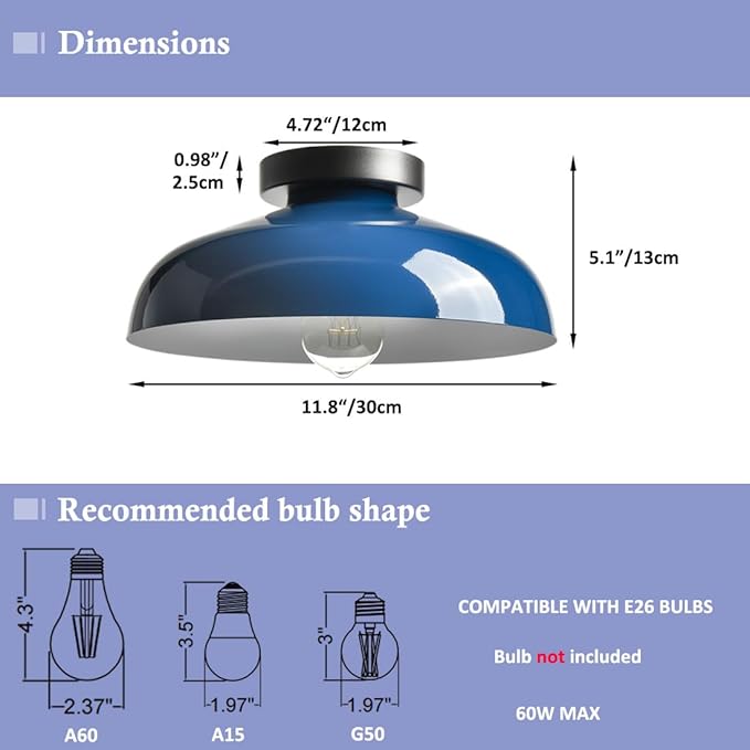 DIRYZON Industrial Semi Flush Mount Ceiling Light,12-Inch Metal Ceiling Lighting Ceiling Light Fixture for Porch Kitchen Bedroom,Blue