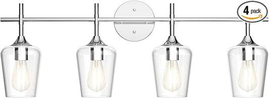 Ralbay Chrome Bathroom Vanity Light - 4 Light Industrial Farmhouse Style, Clear Glass, Over Mirror