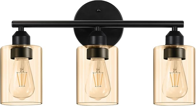 3-Light Bathroom Vanity Light Fixture, Modern Wall Lamp for Mirror with Clear Amber Glass Shade and Black Finish