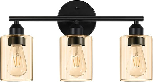 3-Light Bathroom Vanity Light Fixture, Modern Wall Lamp for Mirror with Clear Amber Glass Shade and Black Finish